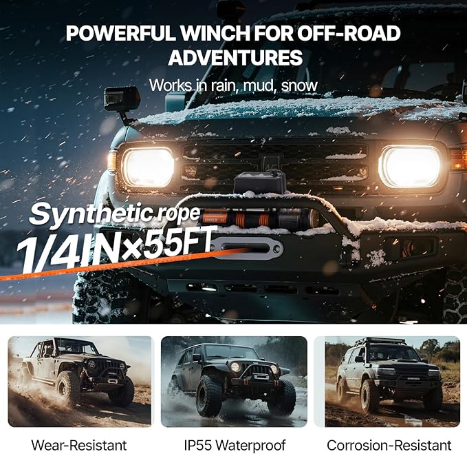 VEVOR Electric Winch, 6000 lb Truck Trailer Winch, 12V DC 1/4 in x 55 ft Synthetic Rope Aluminum Fairlead Wireless & Wired Remote Control, IP55 Waterproof Towing for Off Road SUV ATV UTV Jeep Boat