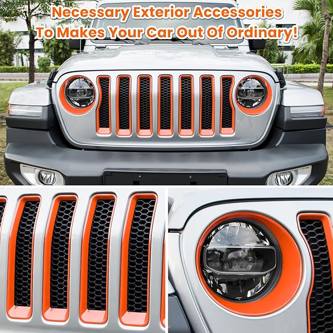Front Grille Mesh Inserts & Headlight Cover for Jeep Wrangler JL JLU Unlimited Sport/Sports 2018-2023 Exterior Accessories Clip-in Grille Guard Cover Headlight Bezels Trim Ring (Orange 9PCS)