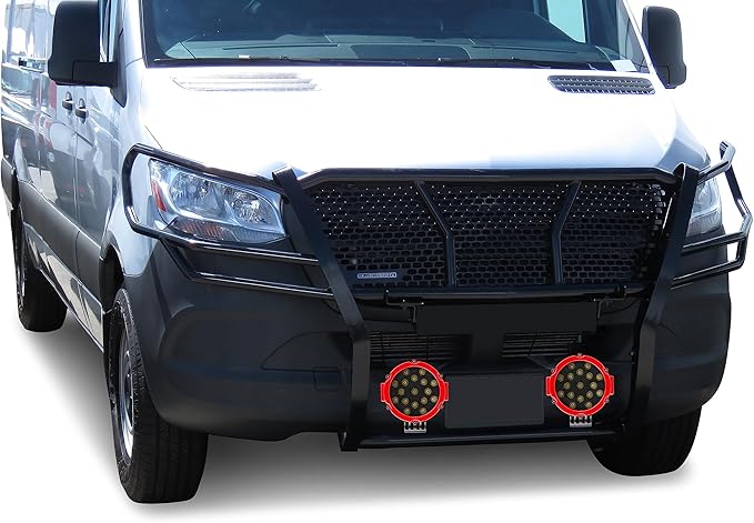 Black Horse RUGGED HD Grille Brush Bumper Guard Modular Black Come With pair of 7.0"LED Lights with Red Trim Rings Compatible with 2019-2025 Dodge Sprinter-Benz Sprinter 1500/2500/3500-RU-DOSP19-B-PLR