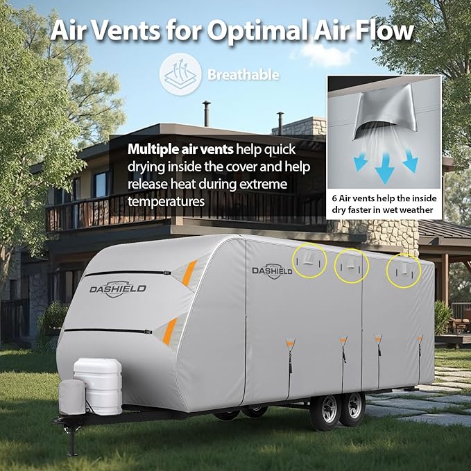RV Cloud Travel Trailer Cover Fits 22'-24' Lightweight, Waterproof, Windproof, UV Protection, Breathable Air Vents, Durable Camper Cover with Tire Covers, RV Trailers