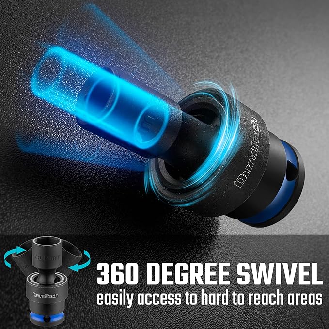 DURATECH 3/8" Drive Impact Universal Joint Socket Set, Swivel Socket Set, 11-Piece, Metric, 8-19mm, Cr-Mo Steel, Organized in EVA Foam Organizer