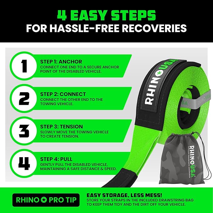 Rhino USA Recovery Tow Strap (3" x 20') - 31,518lb Break Strength - Emergency Recovery Strap Tow Rope for Truck, UTV, ATV & More - Heavy Duty Towing Strap for Offroad 4x4 Use - Compatible with Jeep
