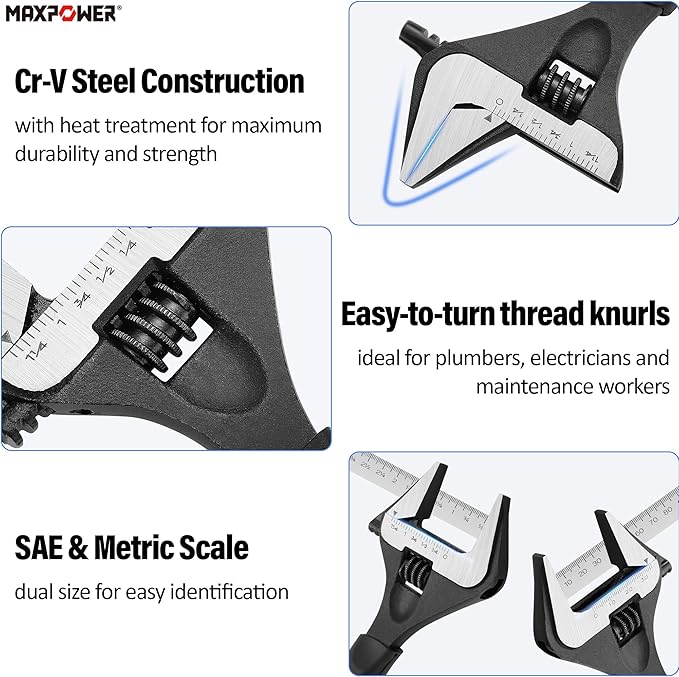 MAXPOWER 8 inch Adjustable Wrench, Wide Jaw Capacity 1.6" (40 mm)