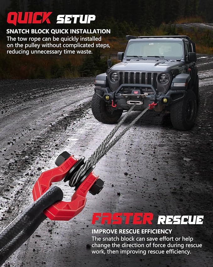 D Ring Separate Shackle with Snatch Block, 3/4" Easy Open Shackles w/Snatch Block Pulley, Heavy Duty Shackle for Towing Winch, Pulley for Off-Road Vehicle Recovery, Truck, ATV, UTV, BlackRed