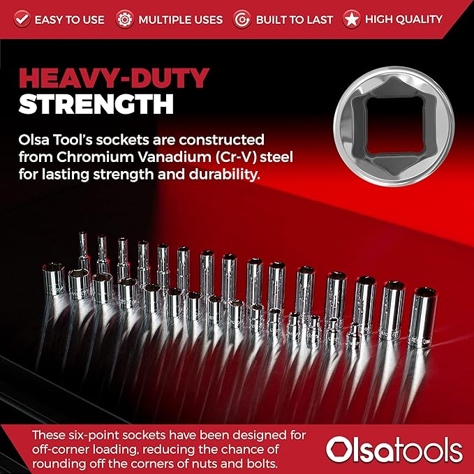 Olsa Tools Metric Deep Socket Set - 3/8-Inch Drive, 15pc - 6-Point Chrome Sockets from 6mm–20mm and No Skipped Sizes - Mechanic Deep Metric Socket Set - Professional Grade Long Sockets - Part: 1316