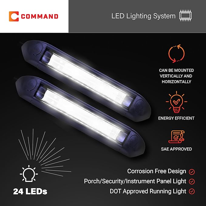 Command Electronics 12V LED Exterior Extruded Porch Light – Surface Mount Utility – IP67 Rating OEM RV, Camper, Bus, Truck, & Trailer – 8"x1.4"x1.4" – Black Case/White Light 2-Pack