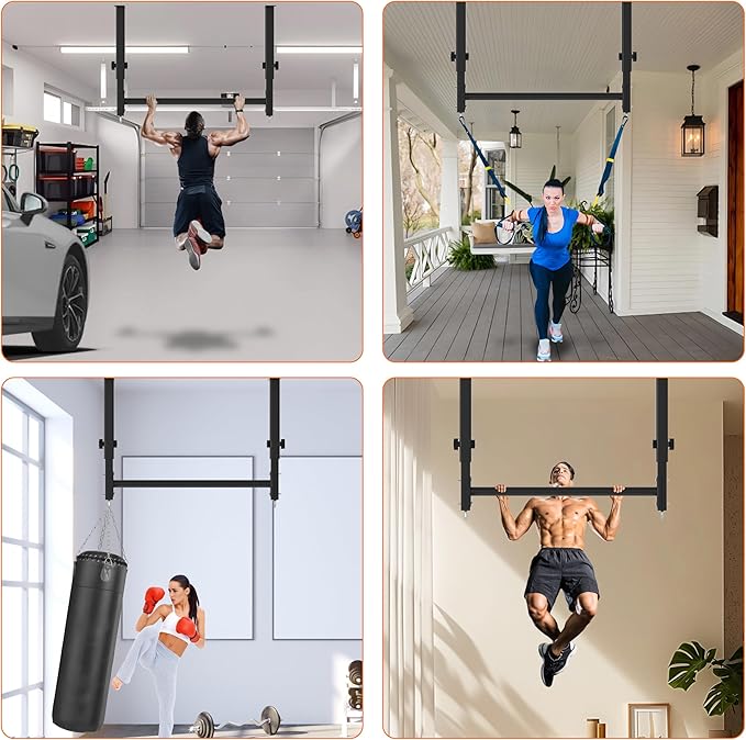 48" Ceiling Mount Pull Up Bar, Heavy Duty Multi-Grip Rafter Chin Up Bar for Garage/Basement/Backyard Ceiling Beam, Adjustable Height&Supports to 650 Lbs