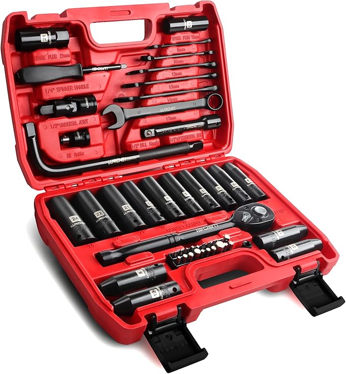 LLNDEI 1/2" Dr. Ratchet Impact Socket Wrench Set,Deep Sockets(8-24mm),Spark Plug Socket(16,21mm),49PCS, CR-V, Metric, With Combination Wrenches (8-17mm)