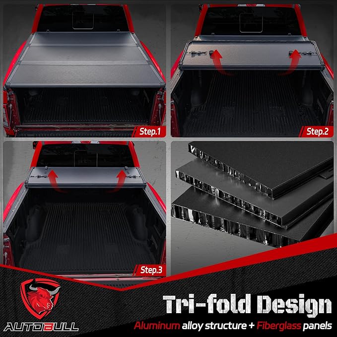 Hard Top Tri Fold tonneau Cover Compatible with 2007-2025 Chevy Silverado & GMC Sierra 1500/2007-2019 2500 3500HD 6.6ft Bed (78.9"), Not for CarbonPro Bed, Alloy Steel and Fiberglass Made