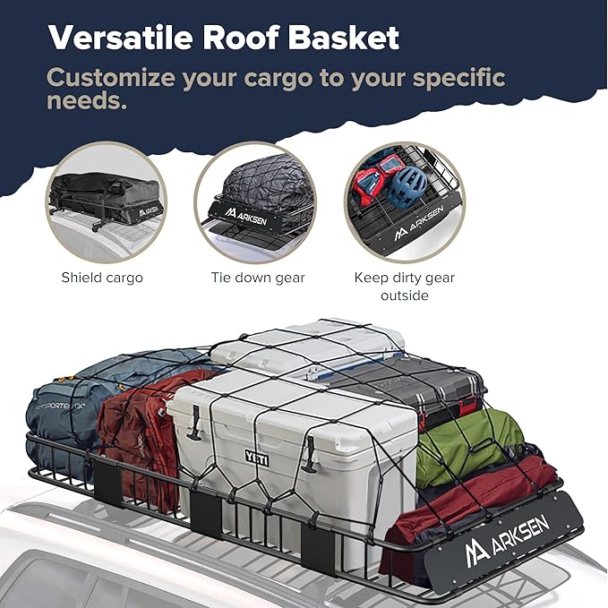 ARKSEN 84 x 39 x 6 Inch Universal 150LB Heavy Duty Roof Rack Cargo with Two Cargo Nets & Ratchet Straps, Car Top Luggage Holder Carrier Basket with Extension for SUV, Truck, & Car Steel Construction