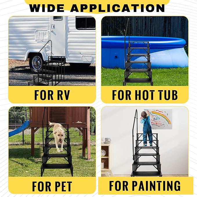 RV Steps with Handrail, Hot Tub Steps Outdoor, 6 Step Ladder Stool, RV Stairs with Anti-Slip Panel, Camper Steps for Spa, Travel Trailers, Pool and Porch