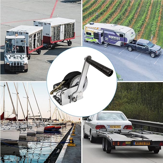 1200lbs Hand Winch Heavy Duty Boat Winch Two-Way Ratchet Gear Small Manual Winch Crane Weight Moving Nylon Strap for ATV Truck Towing Rope Winch