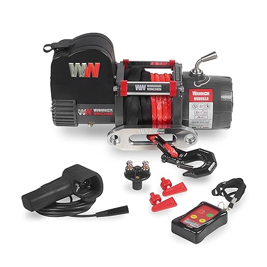 Warrior Winches Samurai 9500 Short Drum lbs 12V Electric Winch with Synthetic Rope - Powerful Electric Winch for Trucks - 9500 lbs Load Capacity - Wireless Remote Included