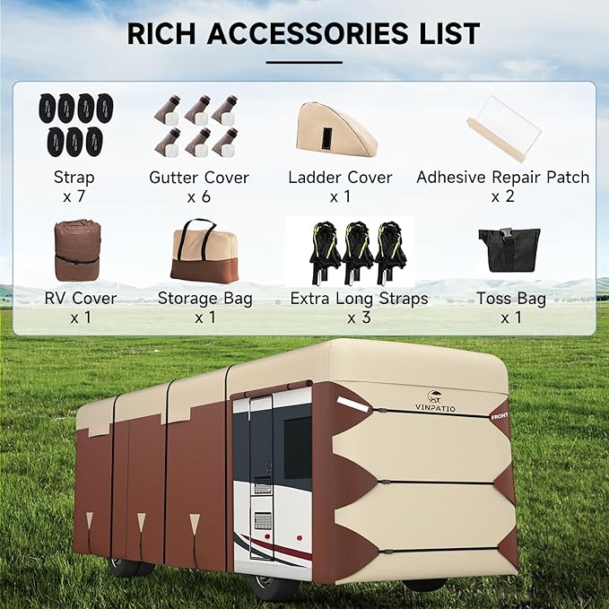 VINPATIO Class A RV Cover: Fits 34'-37' RV, Oxford Fabric Two Color Design, Heavy Duty Windproof Waterproof Class A Motorhome Cover with 3 Extra Long Straps, Gutter Covers