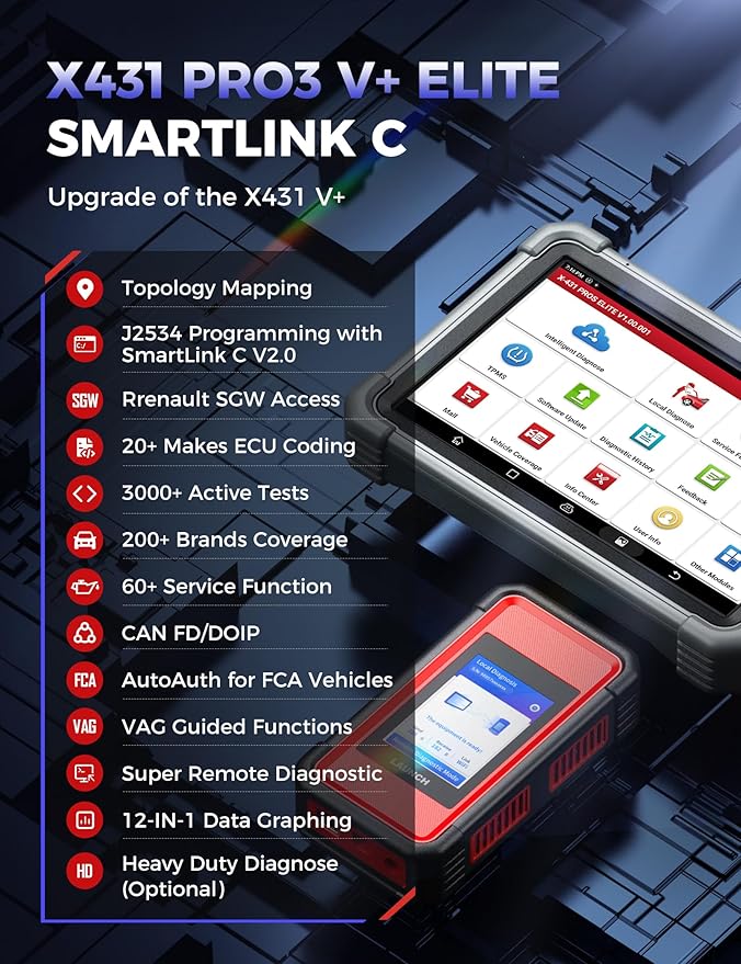 Launch X431 PRO3 V+ Elite, 2025 SmartlinkC 2.0 Bidirectional Scan Tool with J2534, HD Trucks Scan, 10.1 inch, Topology Map, 60+Service, Online Coding Scanner, CANFD/DoIP/D-PDU, FCA, 2 Yrs Update