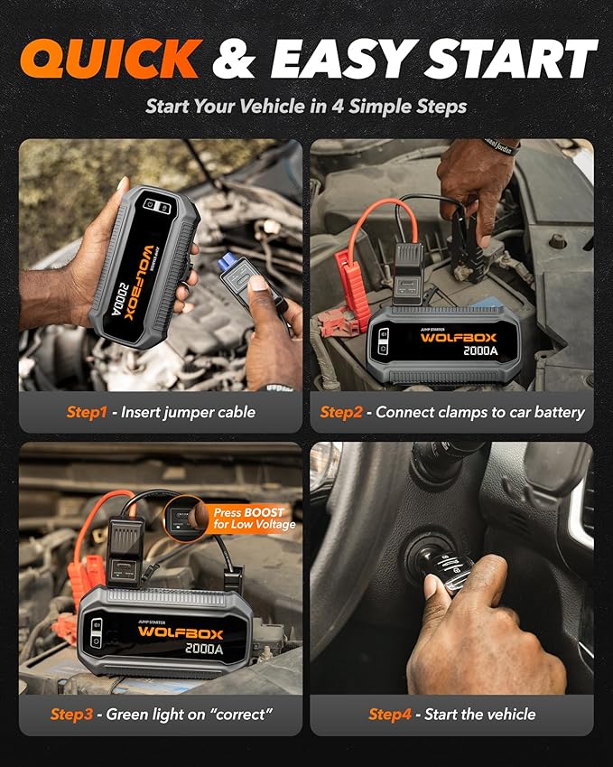 WOLFBOX 2000A Jump Starter, 12000mAh Battery Jumper Starter Portable with LED Display, 12V Car Battery Jump Starter Pack (7L Gas 6L Diesel Engine) with Booster, LED Light, Jumper Cables (NO Adapter)