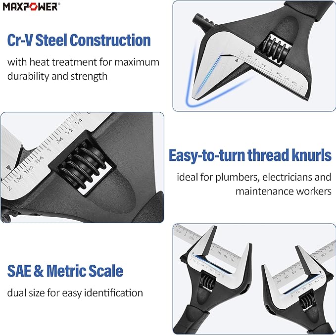 MAXPOWER 10 inch Adjustable Wrench, Wide Jaw Capacity 2 inch (50 mm)