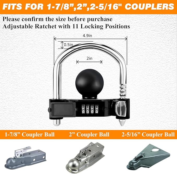 Funmit Trailer Lock Universal Hitch Lock with Combination Lock, fit 1-7/8", 2", 2-5/16" Coupler, Camper Accessories for Travel Trailers Boats Trucks Rvs Black