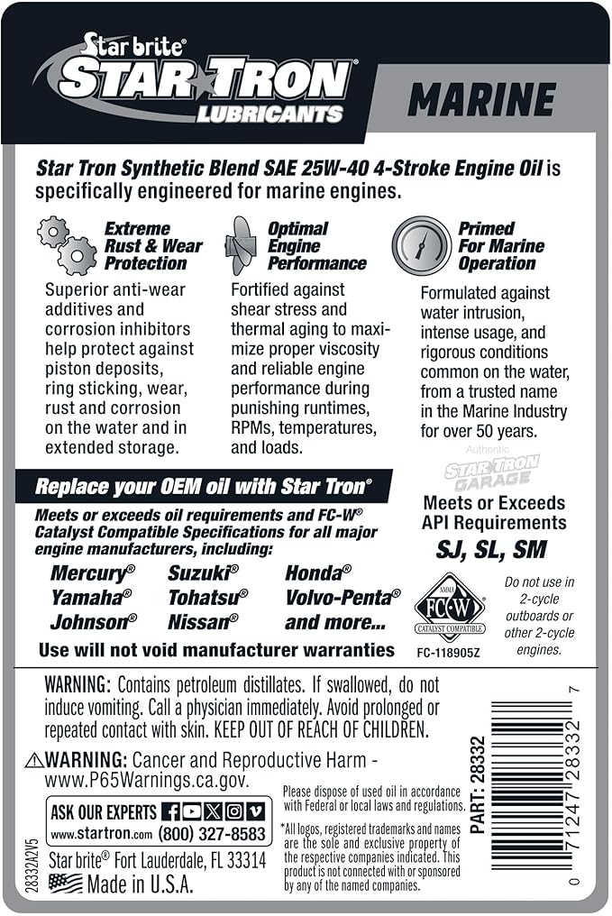 STAR BRITE Star Tron Premium 4 Stroke Marine Oil - 25W-40 Synthetic Blend Engine Oil for Outboards, Gasoline Inboards & Stern Drives - NMMA FC-W Certified, 32 OZ (028332)