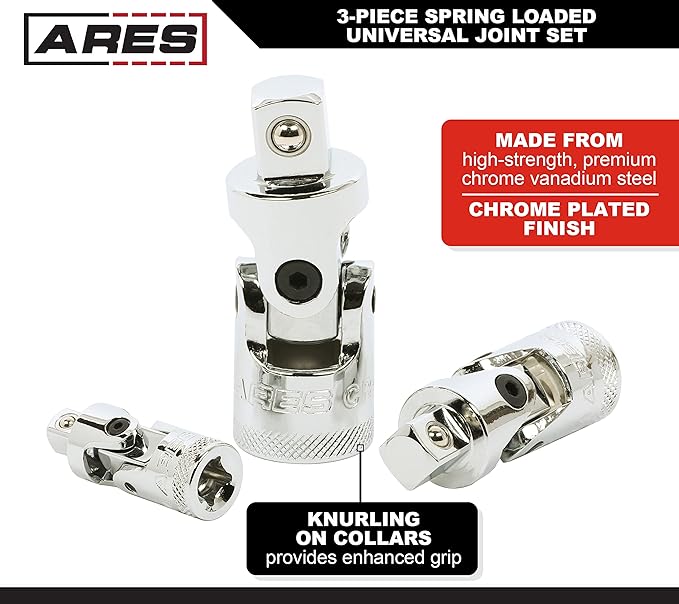 ARES 37000-3-Piece Spring Loaded Universal Joint Set – Spring Loaded Tension Keeps U-Joint In Position at Odd Angles - 1/4-Inch, 3/8-Inch, and 1/2-Inch Drive