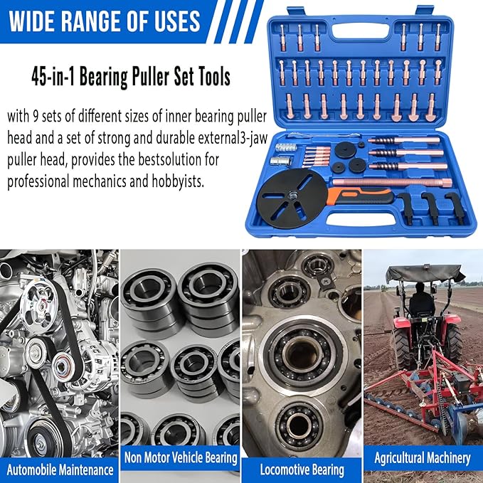 45 in1 Bearing Puller Set, Blind Bearing Puller Separator, 3 Jaw Gear Pulley Puller Kit, Inner Bearing Removal Tool with 9 Different Specifications of Pulling Heads, Special Storage Box