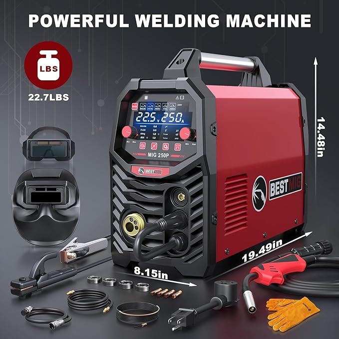 BESTMIG 8 in 1 Aluminum MIG Welder,250Amp 110V/220V Large LED Display,Pulsed MIG/MIG/Gas MIG/Flux Core/Spool Gun MIG/Lift TIG/Stick multiprocess welder,250P