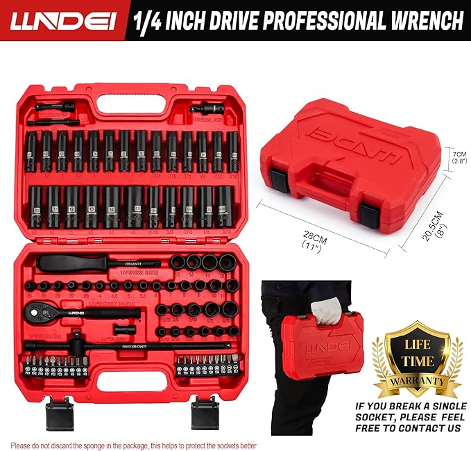 LLNDEI 1/4 inch Drive Impact Socket Set 83 Piece,Standard SAE(5/32-9/16 inch) Metric Size(4-15mm),72T Ratchet Wrench Handle,CR-V Mechanics Tool Set with Adapter,Screwdriver Bits for Automotive Repair