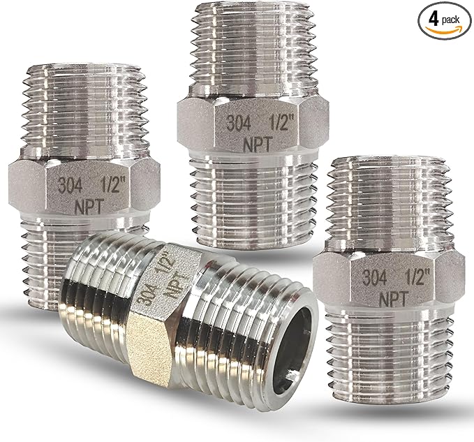 1/2" NPT Male Hex Nipple Pipe Fittings, 304 Stainless Steel 1/2 inch Threaded Pipe Adapter Fittings Equal Nipples Connectors, 4pcs Male Straight Connector Pipe Fitting