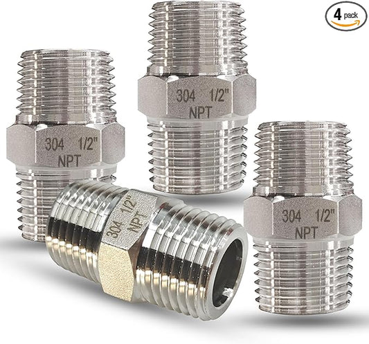 1/2" NPT Male Hex Nipple Pipe Fittings, 304 Stainless Steel 1/2 inch Threaded Pipe Adapter Fittings Equal Nipples Connectors, 4pcs Male Straight Connector Pipe Fitting
