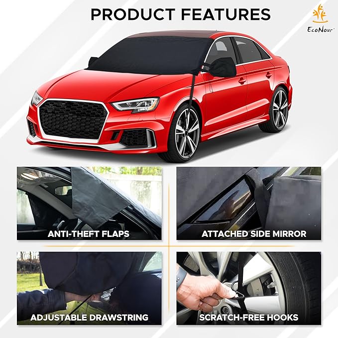 EcoNour Ultimate Windshield Cover for Snow and Ice | Car Windshield Snow Cover for All-Weather Protection | UV Resistant, Windproof Sunshade, Wiper & Mirror for Cars