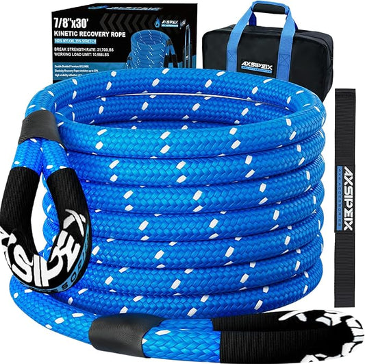 Kinetic Recovery Rope (Reflective) | 7/8in x 30ft 31,700Lbs Heavy Duty, 35% Elasticity Tow Rope - Offroad Snatch Strap for 4x4 Truck SUV UTV ATV Jeep