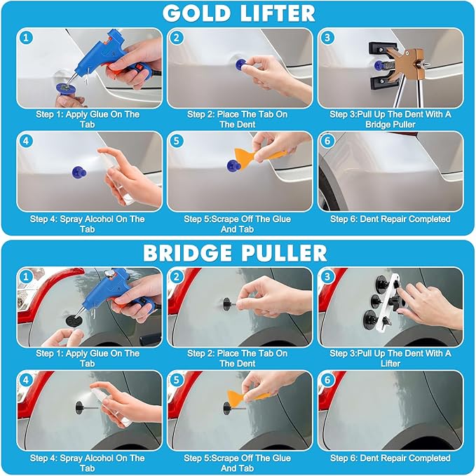 142PCS Car Dent Puller Kit,Car Paintless Dent Remover Tool Kit with LED Light Board,T-bar Slide Hammer & Bridge Puller & Suction Cup,Dent Repair Kit for Remover Auto Body Hail Damage Large Small Dent