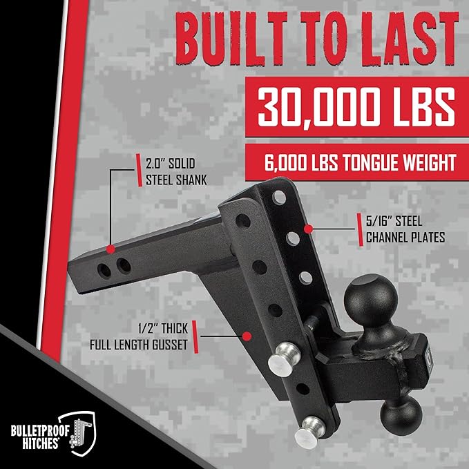 BulletProof Hitches - 2.0" Adjustable Extreme Duty Trailer Hitch (30,000 lb. Rating) - 6" Drop/Rise with 2" and 2 5/16" Dual Ball - Powder Coat, Solid Steel, Corrosion-Resistant