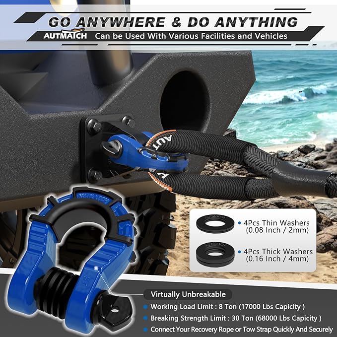 AUTMATCH D Ring Shackles 3/4" Mega Shackle (2 Pack) 68,000Ibs Break Strength - Heavy Duty Clevis Shackles with 7/8" Screw Pin and Isolator Washer for Tow Strap Winch Off Road Vehicle Recovery, Blue