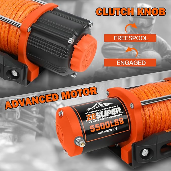 ZESUPER 5500 lb Electric Winch 12 Volt Winch Kit for ATV UTV Boat Trailer Waterproof IP67 Synthetic Rope with Wireless Remote Handheld Switch Mounting Plate