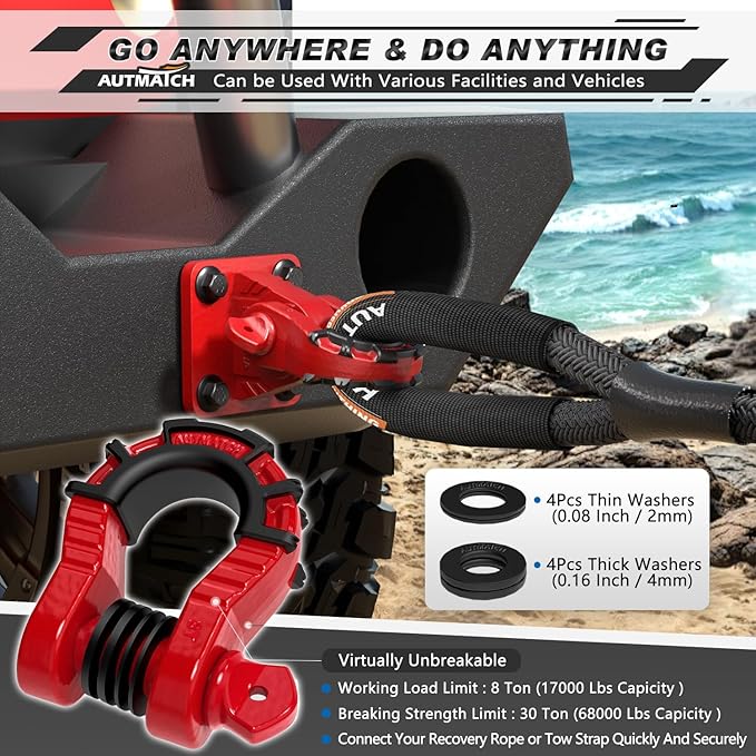 AUTMATCH D Ring Shackles 3/4" Mega Shackle (2 Pack) 68,000Ibs Break Strength - Heavy Duty Clevis Shackles with 7/8" Screw Pin and Isolator Washer for Tow Strap Winch Off Road Vehicle Recovery, Red