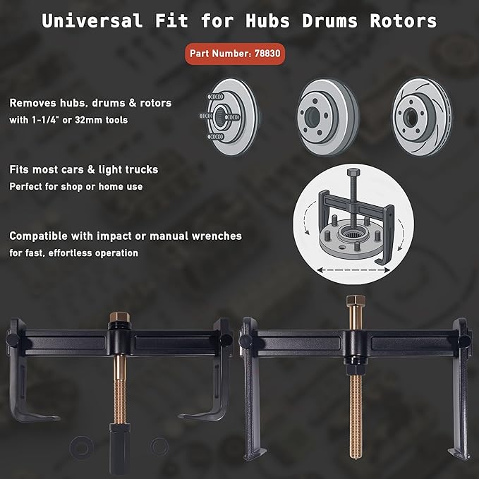 Heavy Duty Hub Drum and Rotor Puller Kit 78830, Hub Removal Tool Compatible with 1-1/4 inch Socket and 1-1/4 or 32 mm Wrench, Drum Rotor Brake Hub Puller