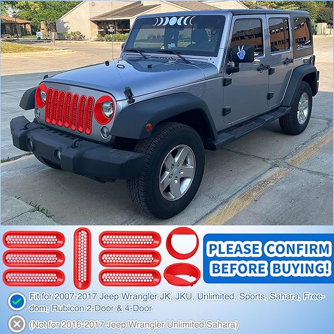 Nilight Grill Inserts fit for Jeep Wrangler Front Grille Mesh Inserts & Headlight Cover Set for JK JKU Unlimited Sports Sahara Freedom Rubicon 2007-2018 Clip-in Trim Exterior Accessories Red 9 Pcs