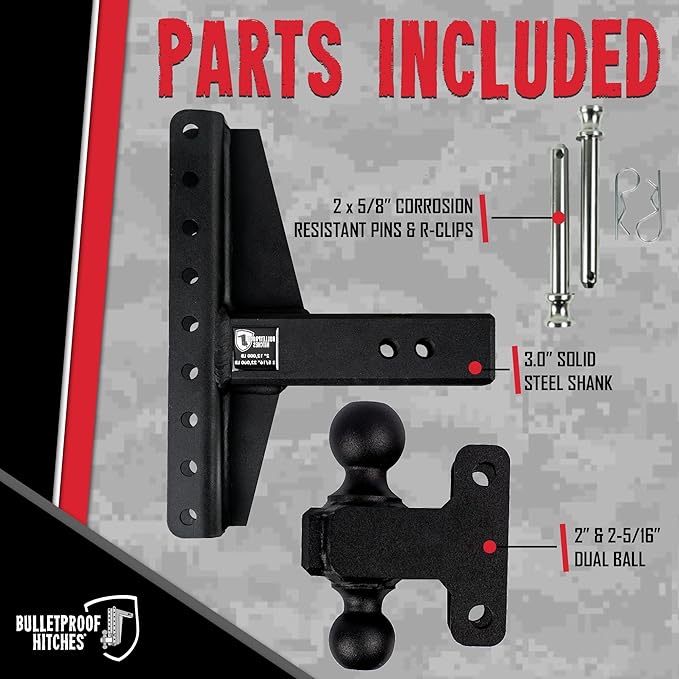 BulletProof Hitches - 3.0" Adjustable Heavy Duty Trailer Hitch (22,000 lb. Rating) - Offset 4" & 6" Drop/Rise Trailer Hitch with 2" & 2-5/16" Dual Ball - Powder Coat, Solid Steel, Corrosion-Resistant