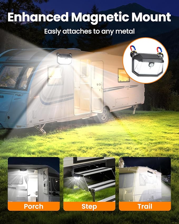 LUHLEE 178 LED Magnetic RV Solar Lights Outdoor, 800LM Ultra-Bright RV Porch Light with Motion Sensor, Strong Magnets IP65 Waterproof rv Lights Exterior for Awning Camper Trailer Porch (1 Pack)