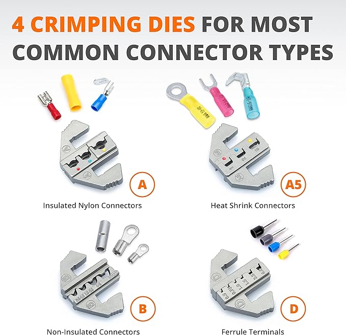 Wirefy Wire Crimping Tool Kit | Crimpers & 4 Slide in Dies | Ratcheting Wire Crimper Tool | Terminal Crimp Pliers | for Heat Shrink, Nylon, Non-Insulated, Insulated Connectors, Ferrule Terminals
