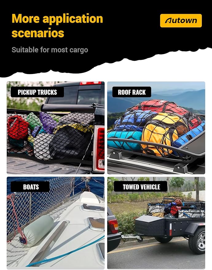 Cargo Net for Pickup Truck Bed - Stretchable 4'x4' to 7'x7', High Elastic Fine Mesh 1''x1'' with 8 Metal Carabiners - Ideal for ATV, SUV, UTV, Truck and Boat Use (Single Layer)