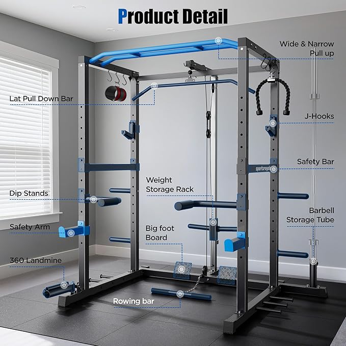 Sportsroyals Power Cage,1600lbs Multi-Function Power Rack with Adjustable Cable Crossover System and More Training Attachment, Weight Cage for Home Gym