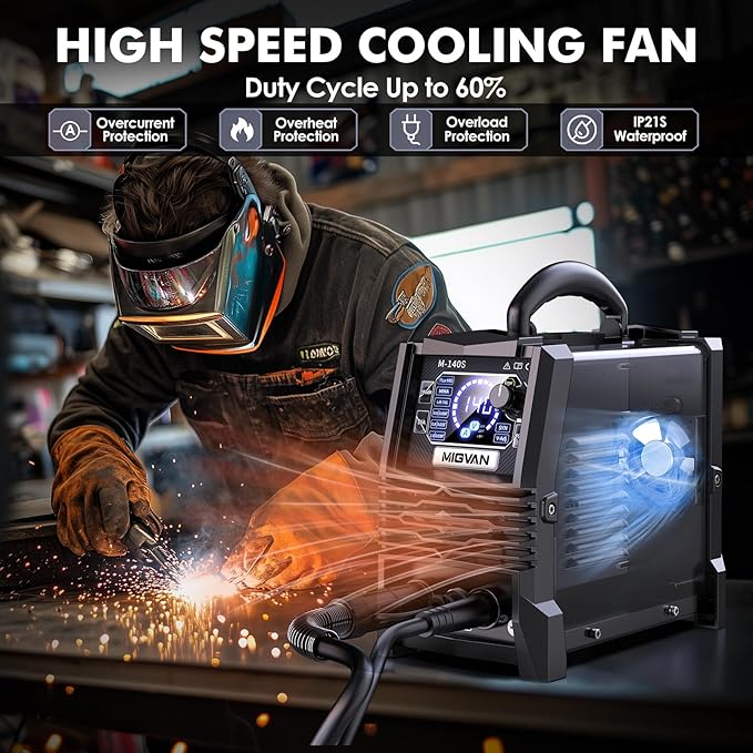 140A Gasless MIG Welder, 110V/220V Dual Votage Welding Machine, Flux Cored MIG/Lift TIG/Stick ARC 3 in 1 MIGVAN Welders Synergic Control with One-Click Wire Feeding, IGBT DC Inverter with LED Display