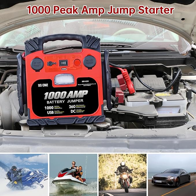 BS ONE 1000 Amp Peak Current Car Jump Stater, 12V Lead Acid Battey Jump Box with 260PSI Air Compressor, Jump Starter Battery Pack with Led Light & USB Output