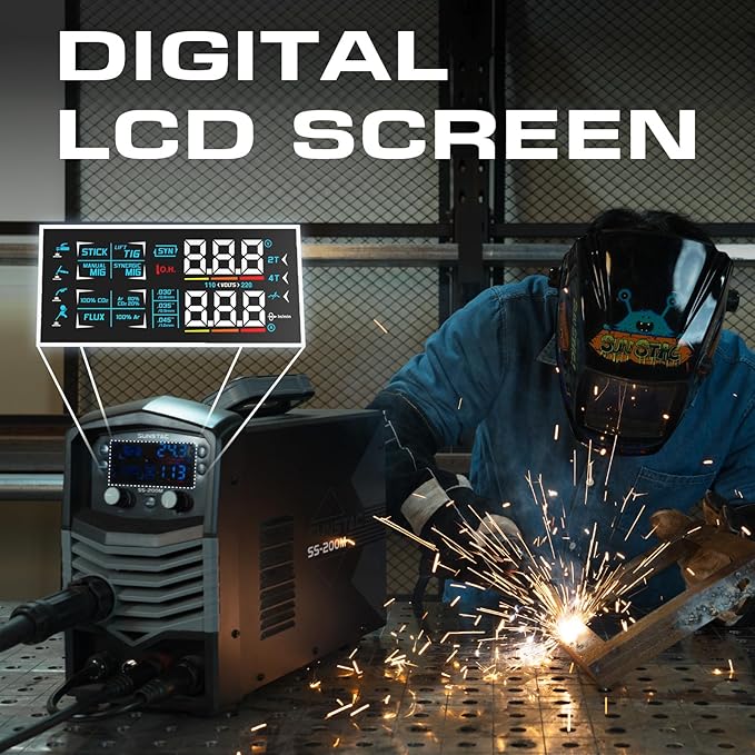 MIG Welder, 200A Duo Voltage 5 in 1 Aluminum MIG Welding Machine, MIG/Flux Core/Spool Gun/Lift TIG/Stick, IGBT Inverter Welder Synergic Control, Digital Display (NEW VERSION)