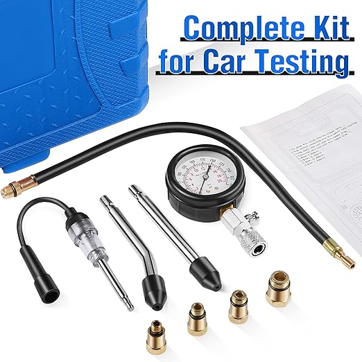 9 Pieces Automotive Compression Tester Kit and Spark Plug Tester, Universal Car and Motorcycle Engine Testing Tools for Cylinder Pressure Gauge (Blue)