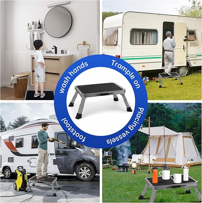 RV Step Stool Foldable Adjustable Height Sturdy Metal Stable Step Ladder with a Non-Slip Platform Camper Step Stool with Non-Slip Rubber Feet, Easy to Carry (3-Level)