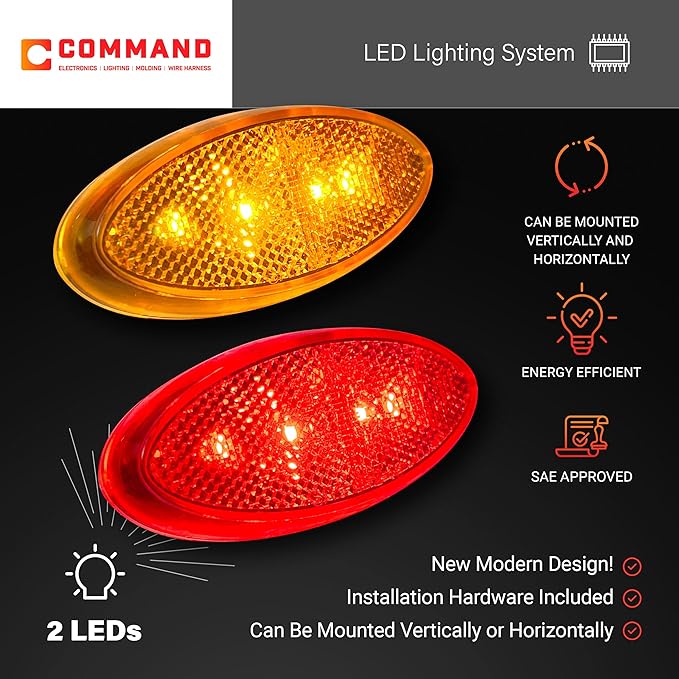 Command Electronics OEM 12V LED RV & Trailer Oval Clearance Light with Built-in Reflex – Made in USA – Surface Mount – Amber & Red – 4-Pack
