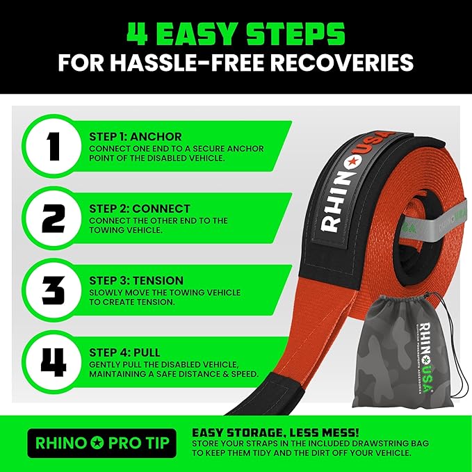 Rhino USA Recovery Tow Strap (3"x20') - 31,518lb Break Strength- Emergency Recovery Strap Tow Rope for Truck, UTV, ATV & More - Heavy Duty Towing Strap for Offroad 4x4 Use - Compatible with Jeep (Red)